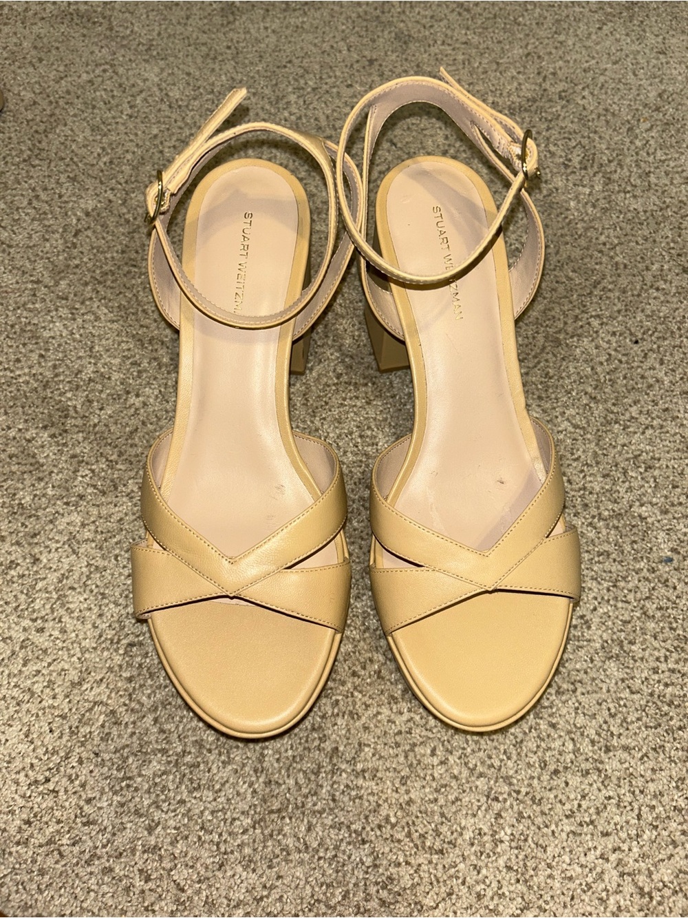 NEW Stuart Weitzman Nude Beige Platform Block Heel Sandal Sz 10